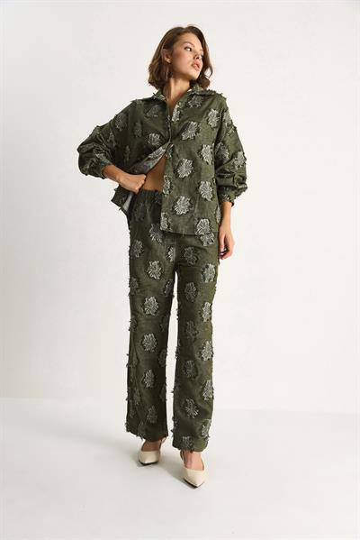 Kadın Oversize Gömlek Beli Lastikli Pantolon Saçaklı Dokuma Alt-Üst Takım 6024 60284107 - Haki