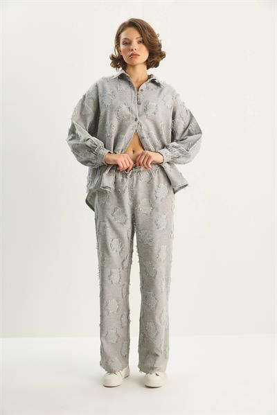 Kadın Oversize Gömlek Beli Lastikli Pantolon Saçaklı Dokuma Alt-Üst Takım 6024 60284107 - Gri