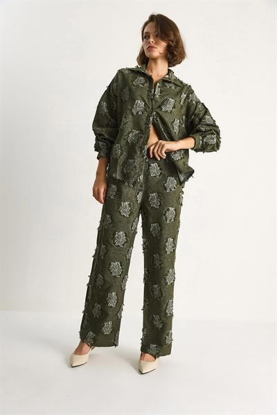 Kadın Oversize Gömlek Beli Lastikli Pantolon Saçaklı Dokuma Alt-Üst Takım 6024 60284107 - Haki