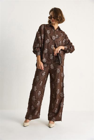 Kadın Oversize Gömlek Beli Lastikli Pantolon Saçaklı Dokuma Alt-Üst Takım 6024 60284107 - Kahve