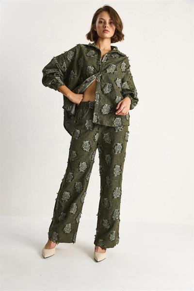 Kadın Oversize Gömlek Beli Lastikli Pantolon Saçaklı Dokuma Alt-Üst Takım 6024 60284107 - Haki