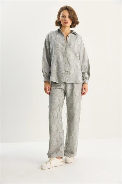 Kadın Oversize Gömlek Beli Lastikli Pantolon Saçaklı Dokuma Alt-Üst Takım 6024 60284107 - Gri