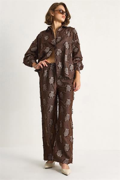 Kadın Oversize Gömlek Beli Lastikli Pantolon Saçaklı Dokuma Alt-Üst Takım 6024 60284107 - Kahve