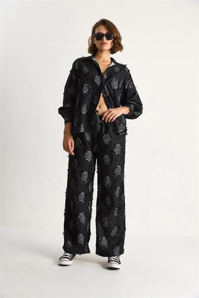 Kadın Oversize Gömlek Beli Lastikli Pantolon Saçaklı Dokuma Alt-Üst Takım 6024 60284107 - Siyah