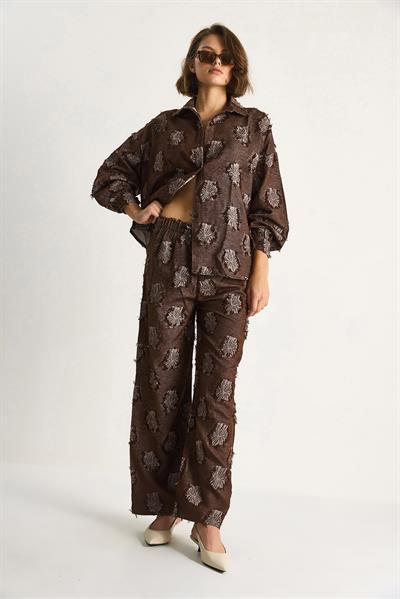 Kadın Oversize Gömlek Beli Lastikli Pantolon Saçaklı Dokuma Alt-Üst Takım 6024 60284107 - Kahve