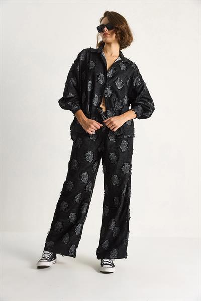 Kadın Oversize Gömlek Beli Lastikli Pantolon Saçaklı Dokuma Alt-Üst Takım 6024 60284107 - Siyah