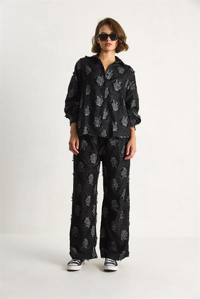 Kadın Oversize Gömlek Beli Lastikli Pantolon Saçaklı Dokuma Alt-Üst Takım 6024 60284107 - Siyah