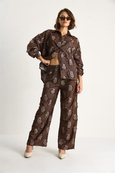 Kadın Oversize Gömlek Beli Lastikli Pantolon Saçaklı Dokuma Alt-Üst Takım 6024 60284107 - Kahve
