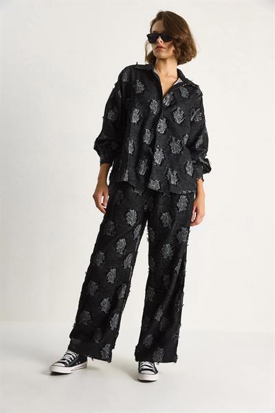 Kadın Oversize Gömlek Beli Lastikli Pantolon Saçaklı Dokuma Alt-Üst Takım 6024 60284107 - Siyah