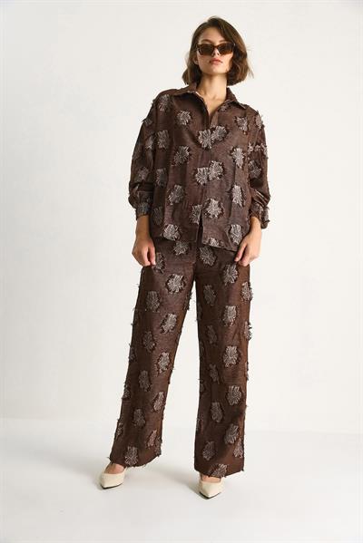 Kadın Oversize Gömlek Beli Lastikli Pantolon Saçaklı Dokuma Alt-Üst Takım 6024 60284107 - Kahve