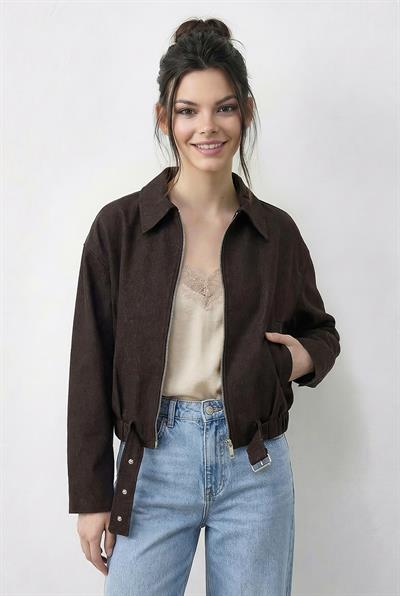 Kadın Oversize Kemer Detaylı Fermuarlı Astarlı Denim Bomber Ceket 2917 60286040 - Kahverengi