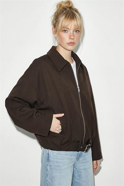 Kadın Oversize Kemer Detaylı Fermuarlı Astarlı Bomber Ceket 2911 60286013 - Acı Kahve