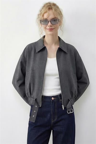 Kadın Oversize Kemer Detaylı Fermuarlı Astarlı Bomber Ceket 2911 60286013 - Antrasit