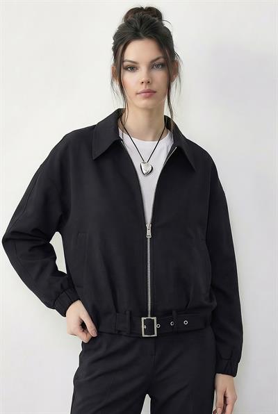 Kadın Oversize Kemer Detaylı Fermuarlı Astarlı Bomber Ceket 2911 60286013 - Siyah