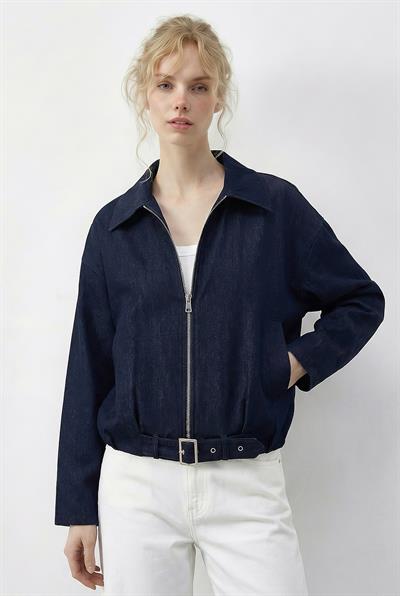 Kadın Oversize Kemer Detaylı Fermuarlı Astarlı Denim Bomber Ceket 2917 60286040 - Lacivert