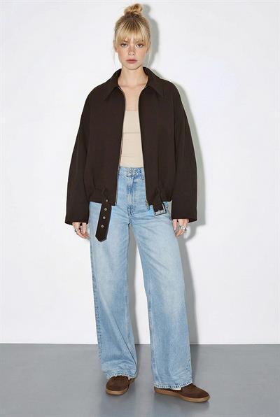 Kadın Oversize Kemer Detaylı Fermuarlı Astarlı Bomber Ceket 2911 60286013 - Acı Kahve