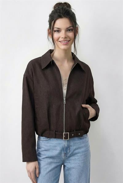 Kadın Oversize Kemer Detaylı Fermuarlı Astarlı Denim Bomber Ceket 2917 60286040 - Kahverengi