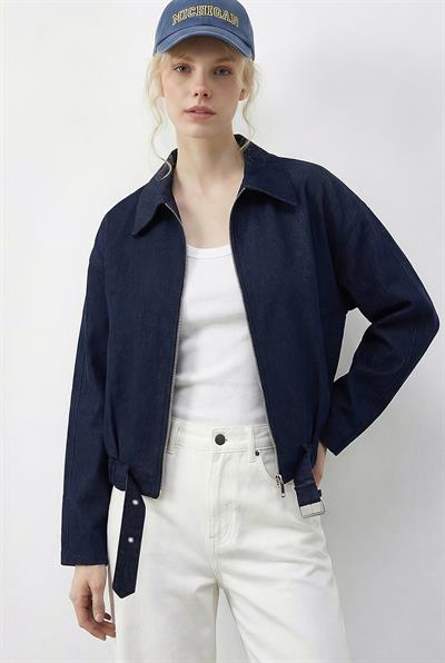 Kadın Oversize Kemer Detaylı Fermuarlı Astarlı Denim Bomber Ceket 2917 60286040 - Lacivert