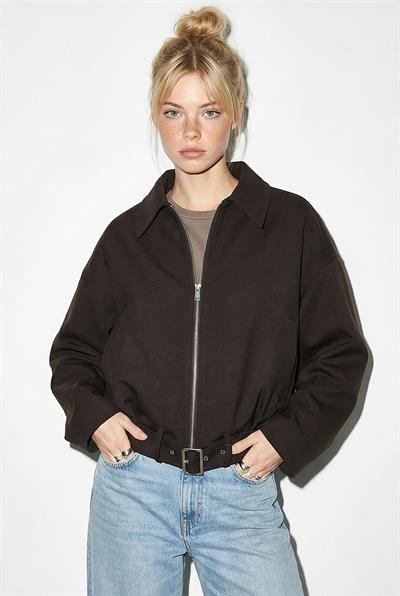 Kadın Oversize Kemer Detaylı Fermuarlı Astarlı Bomber Ceket 2911 60286013 - Acı Kahve