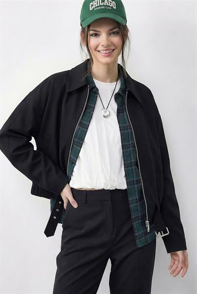 Kadın Oversize Kemer Detaylı Fermuarlı Astarlı Bomber Ceket 2911 60286013 - Siyah