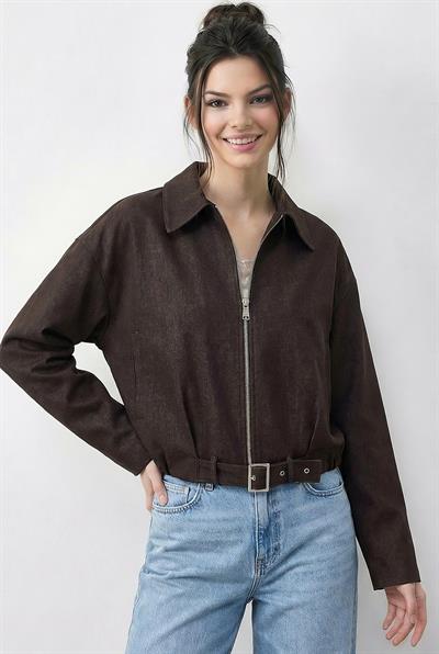 Kadın Oversize Kemer Detaylı Fermuarlı Astarlı Denim Bomber Ceket 2917 60286040 - Kahverengi