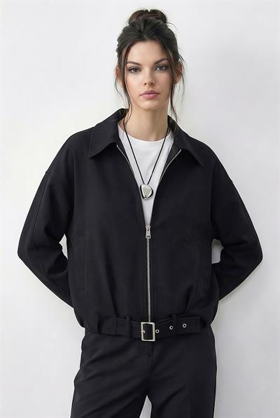 Kadın Oversize Kemer Detaylı Fermuarlı Astarlı Bomber Ceket 2911 60286013 - Siyah
