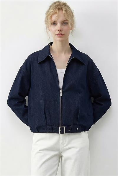 Kadın Oversize Kemer Detaylı Fermuarlı Astarlı Denim Bomber Ceket 2917 60286040 - Lacivert