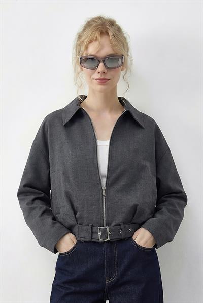Kadın Oversize Kemer Detaylı Fermuarlı Astarlı Bomber Ceket 2911 60286013 - Antrasit