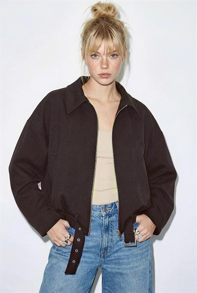 Kadın Oversize Kemer Detaylı Fermuarlı Astarlı Bomber Ceket 2911 60286013 - Acı Kahve