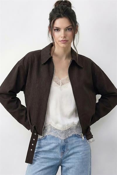 Kadın Oversize Kemer Detaylı Fermuarlı Astarlı Denim Bomber Ceket 2917 60286040 - Kahverengi