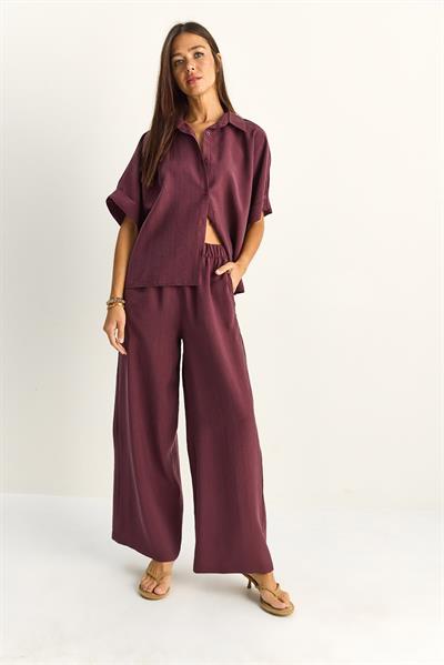 Kadın Oversize Kısa Kol Gömlek Beli Lastikli Geniş Paça Pantolon Takım 7651 60286138 - Mürdüm
