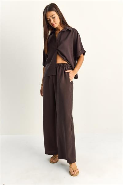 Kadın Oversize Kısa Kol Gömlek Beli Lastikli Geniş Paça Pantolon Takım 7651 60286138 - Acı Kahve
