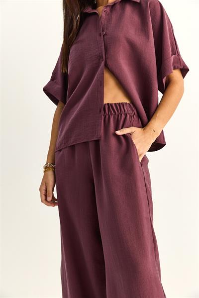 Kadın Oversize Kısa Kol Gömlek Beli Lastikli Geniş Paça Pantolon Takım 7651 60286138 - Mürdüm