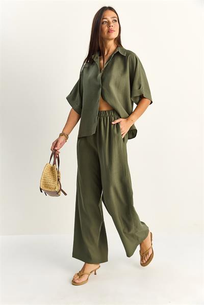 Kadın Oversize Kısa Kol Gömlek Beli Lastikli Geniş Paça Pantolon Takım 7651 60286138 - Haki