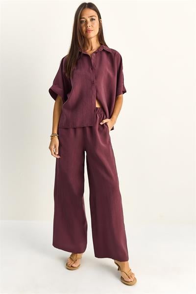 Kadın Oversize Kısa Kol Gömlek Beli Lastikli Geniş Paça Pantolon Takım 7651 60286138 - Mürdüm