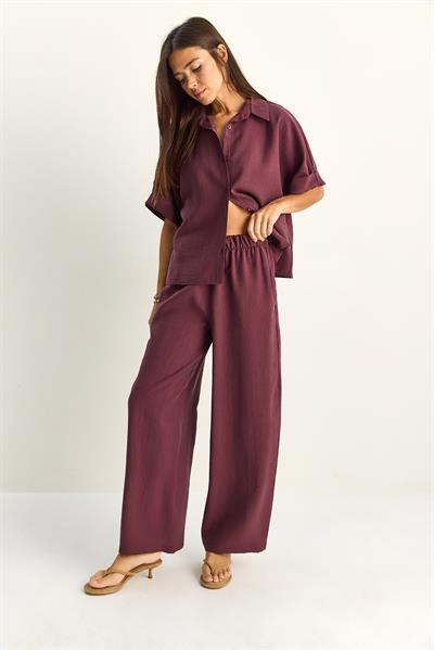 Kadın Oversize Kısa Kol Gömlek Beli Lastikli Geniş Paça Pantolon Takım 7651 60286138 - Mürdüm