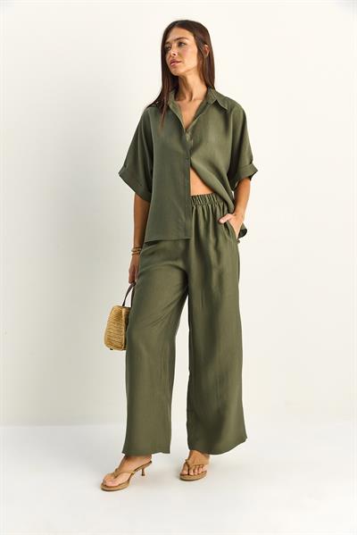 Kadın Oversize Kısa Kol Gömlek Beli Lastikli Geniş Paça Pantolon Takım 7651 60286138 - Haki