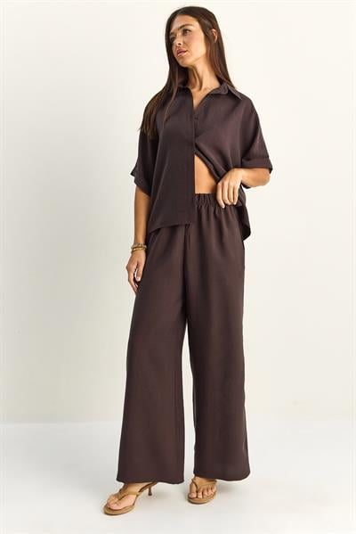 Kadın Oversize Kısa Kol Gömlek Beli Lastikli Geniş Paça Pantolon Takım 7651 60286138 - Acı Kahve