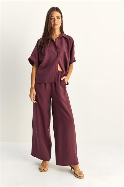 Kadın Oversize Kısa Kol Gömlek Beli Lastikli Geniş Paça Pantolon Takım 7651 60286138 - Mürdüm