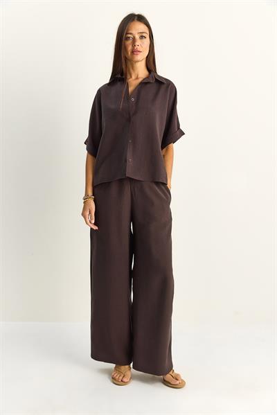 Kadın Oversize Kısa Kol Gömlek Beli Lastikli Geniş Paça Pantolon Takım 7651 60286138 - Acı Kahve