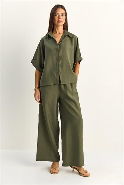 Kadın Oversize Kısa Kol Gömlek Beli Lastikli Geniş Paça Pantolon Takım 7651 60286138 - Haki