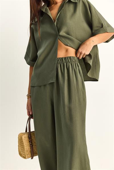 Kadın Oversize Kısa Kol Gömlek Beli Lastikli Geniş Paça Pantolon Takım 7651 60286138 - Haki