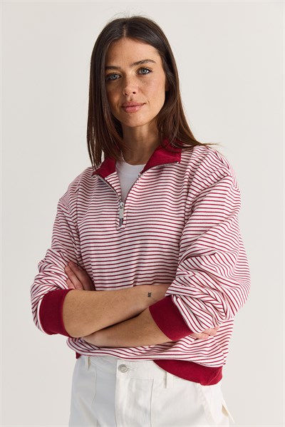 Kadın Oversize Polo Yaka Yarım Fermuarlı Çizgili Sweatshirt ÖS261005 60286586 - Bordo