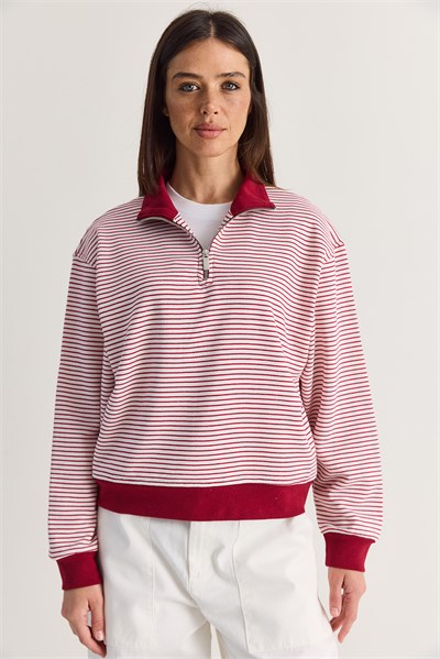 Kadın Oversize Polo Yaka Yarım Fermuarlı Çizgili Sweatshirt ÖS261005 60286586 - Bordo