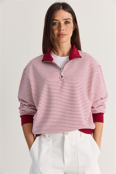 Kadın Oversize Polo Yaka Yarım Fermuarlı Çizgili Sweatshirt ÖS261005 60286586 - Bordo