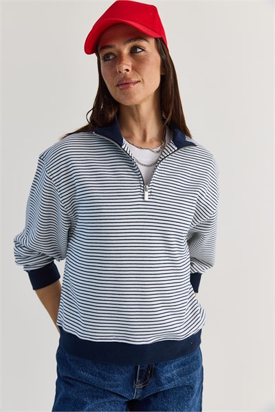 Kadın Oversize Polo Yaka Yarım Fermuarlı Çizgili Sweatshirt ÖS261005 60286586 - Lacivert