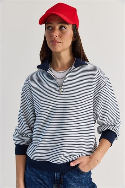 Kadın Oversize Polo Yaka Yarım Fermuarlı Çizgili Sweatshirt ÖS261005 60286586 - Lacivert