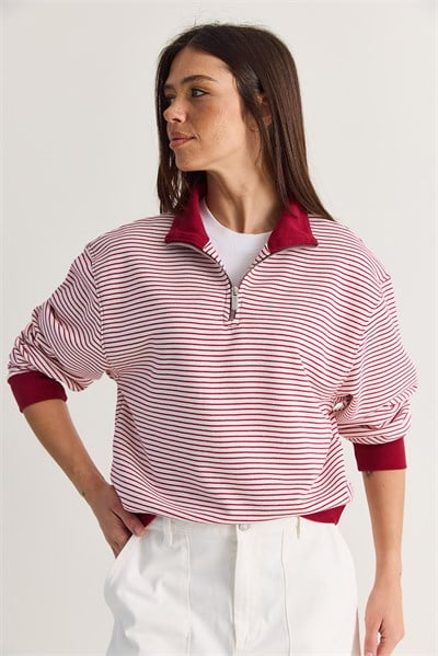 Kadın Oversize Polo Yaka Yarım Fermuarlı Çizgili Sweatshirt ÖS261005 60286586 - Bordo