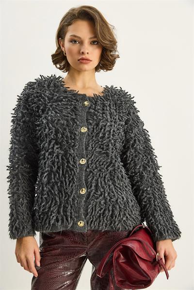 Kadın Oversize Saçaklı Triko Hırka 9062 60283750 - Antrasit