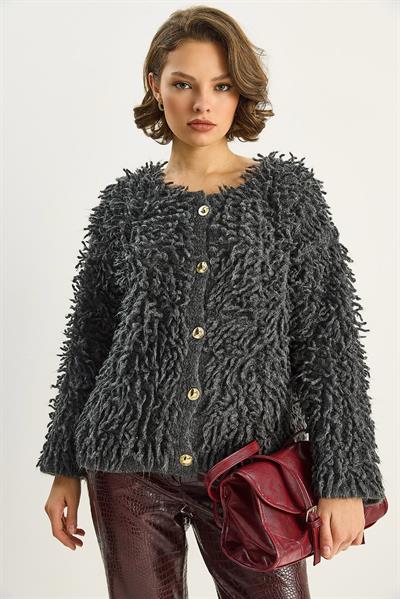 Kadın Oversize Saçaklı Triko Hırka 9062 60283750 - Antrasit
